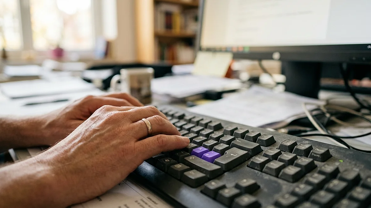 Hände tippen auf einer Tastatur, der Bildschirm dahinter ist unscharf