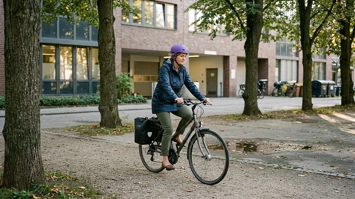 Büroangestellte fährt am Nachmittag mit dem Fahrrad vom Firmengebäude weg