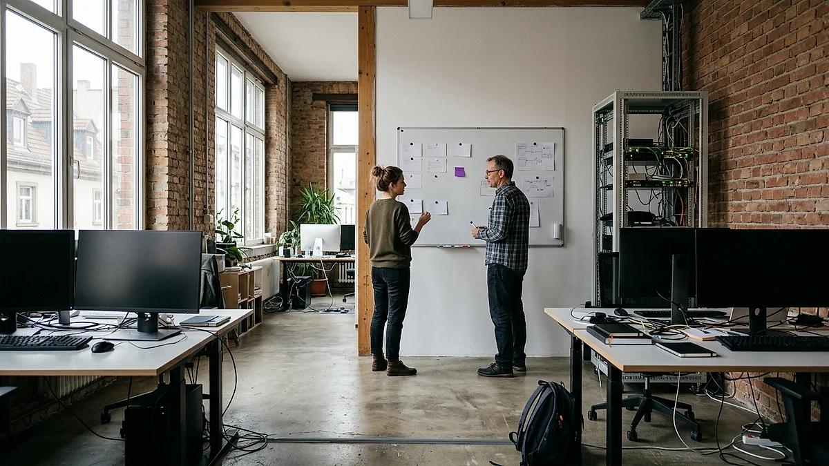 Entwicklerin und Kollege planen einen KI-Agenten am Whiteboard in einem kleinen Software-Studio