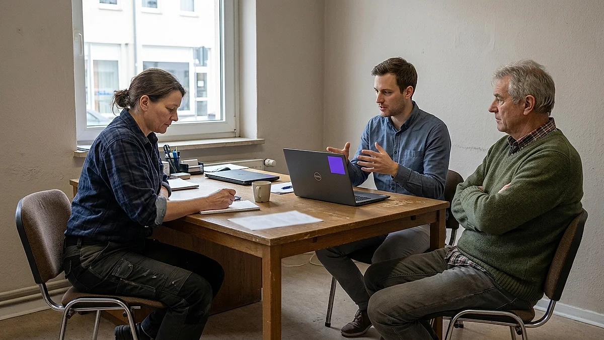 Werkstattinhaberin, Entwickler und Betriebsleiter besprechen einen KI-Agenten am Tisch