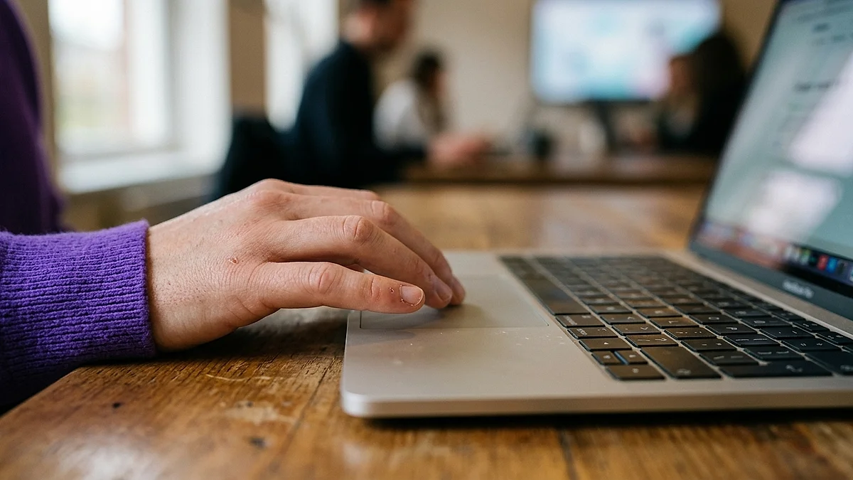 Hand auf dem Touchpad eines Laptops mit unscharfem Bildschirm