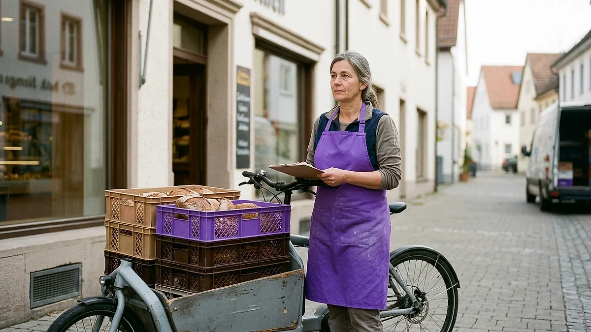 Inhaberin einer Bäckerei steht mit Lastenrad vor ihrem Laden
