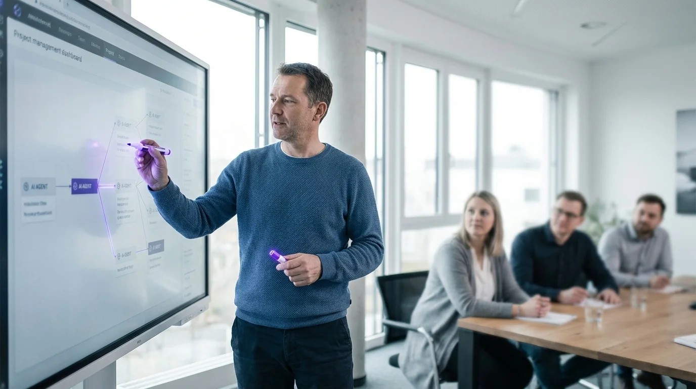 Mehrere KI-Agenten arbeiten als Team zusammen an einem komplexen Projekt in einer futuristischen Arbeitsumgebung