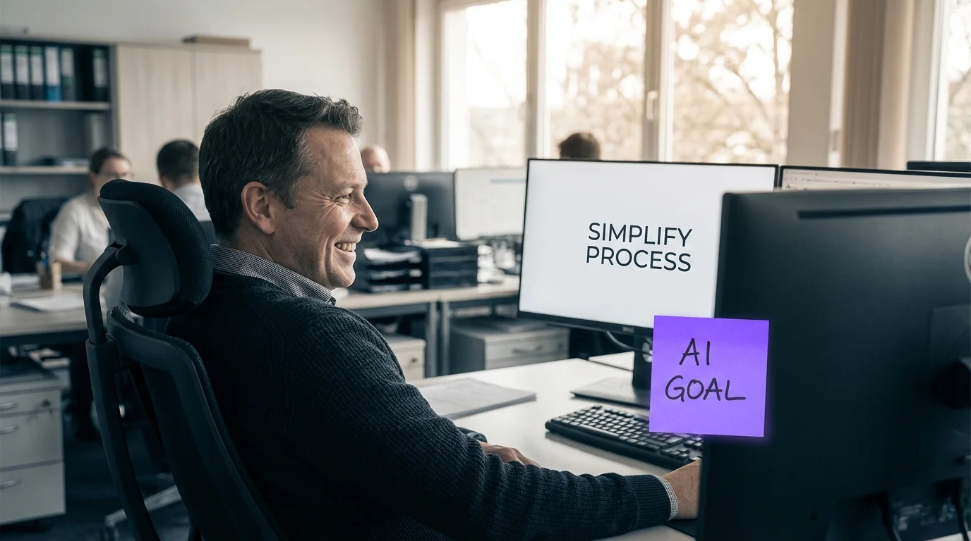 Optimierte KI-Anweisungen auf einem minimalistischen Monitor-Display in violettem Neonlicht
