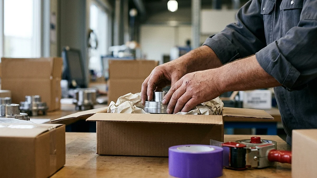 Hände verpacken ein Produkt an einem Packtisch