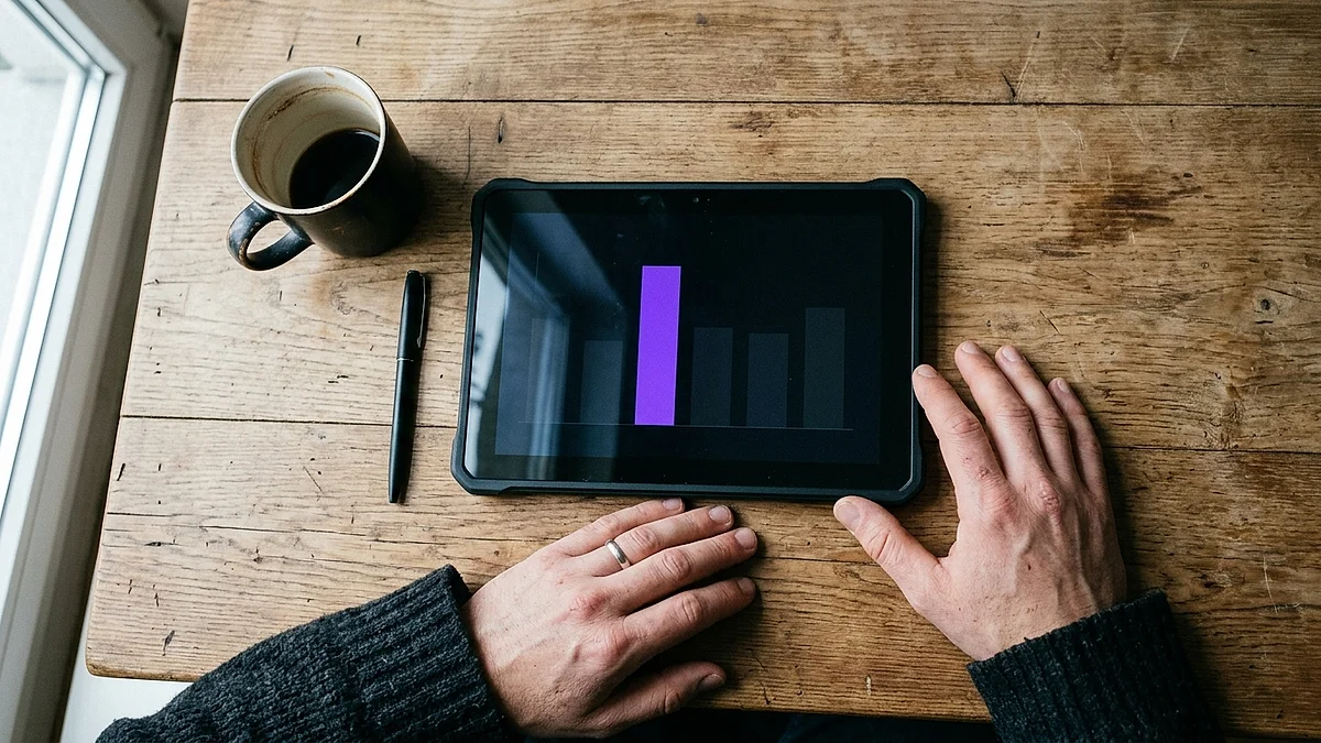 Draufsicht auf einen Holztisch mit Kaffeetasse, Stift und einem Tablet mit violettem Balkendiagramm, zwei Hände am unteren Bildrand