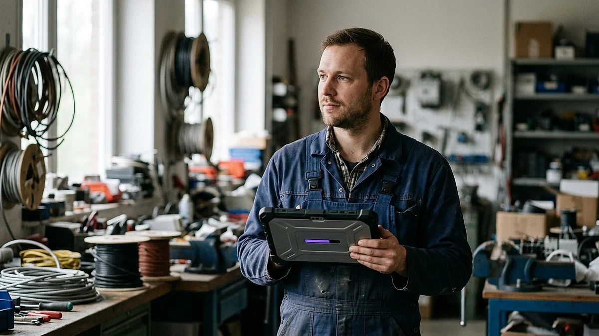 Porträt eines jüngeren Mannes in Arbeitskleidung in einer Elektrowerkstatt, der ein Tablet mit violettem Fortschrittsbalken in der Hand hält