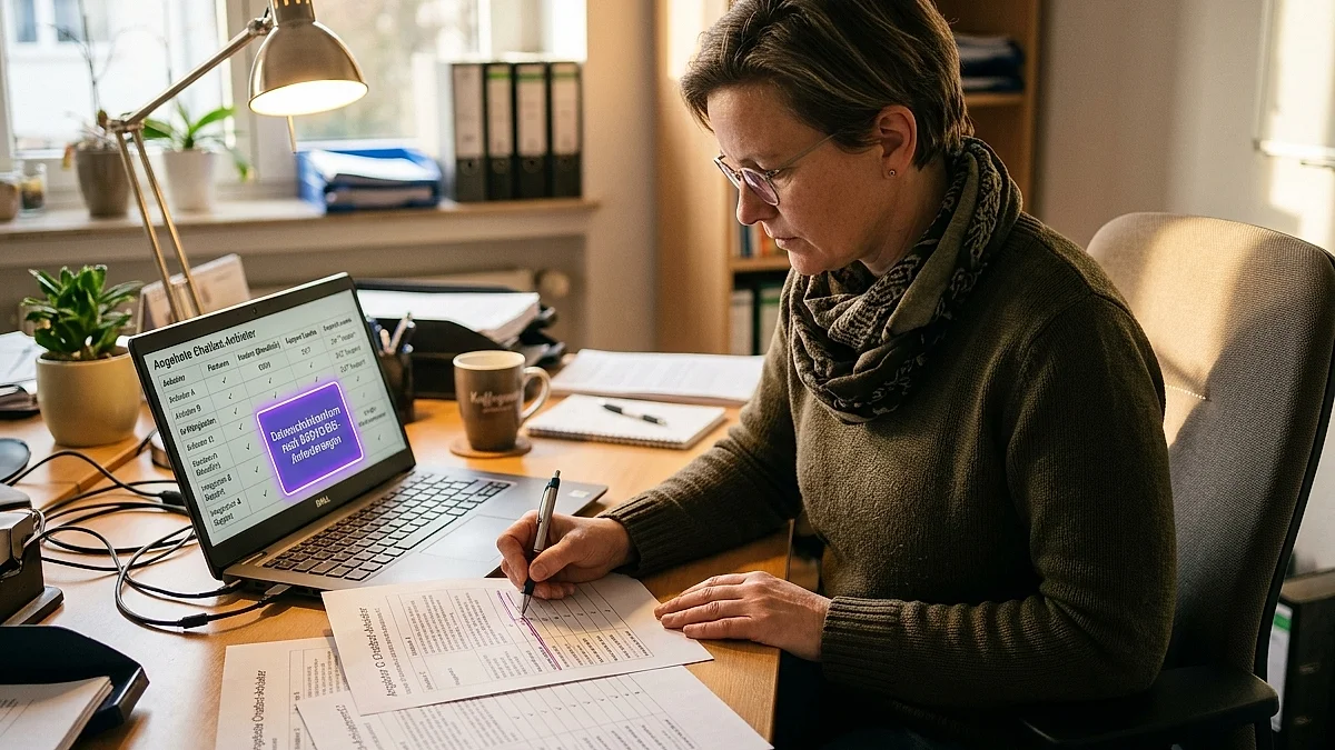 Geschäftsführerin vergleicht KI-Chatbot-Anbieter anhand einer Übersichtstabelle am Laptop