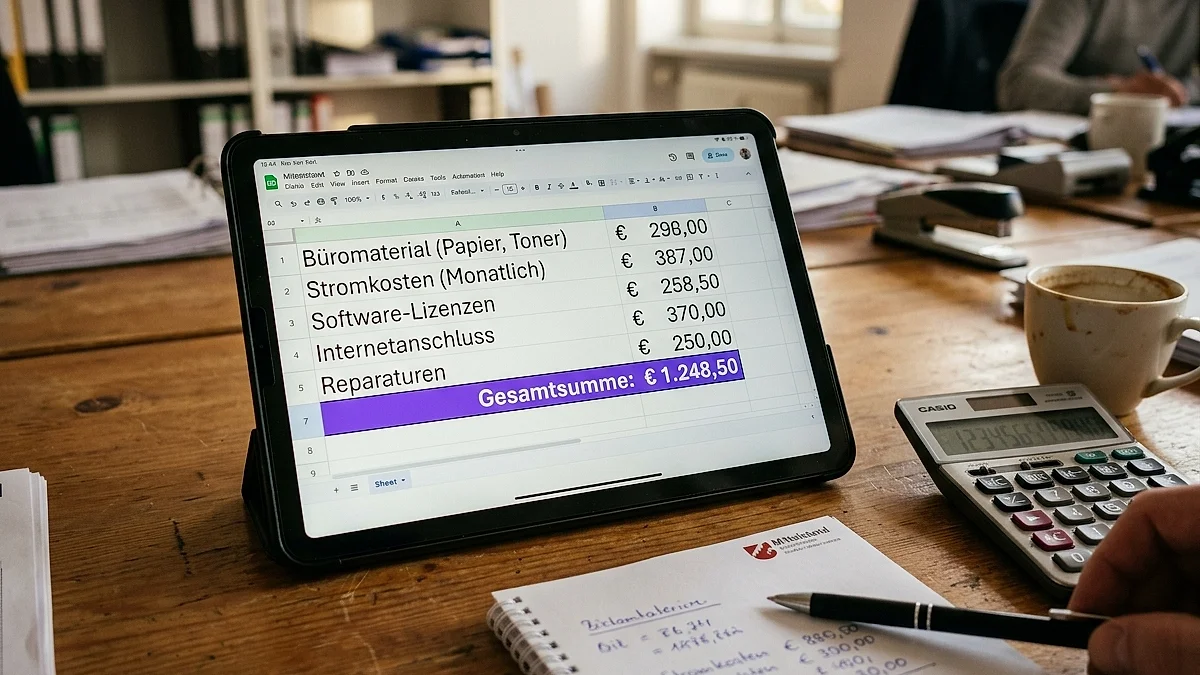 Nahaufnahme eines Tablets mit Kostenaufstellung für verschiedene KI-Chatbot-Module auf einem Schreibtisch