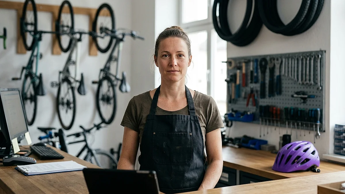 Inhaberin einer Fahrradwerkstatt steht an ihrem Ladentresen