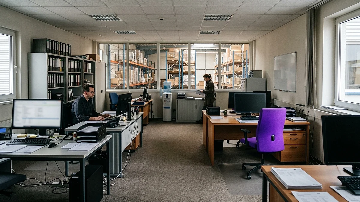 Backoffice eines Großhändlers mit Arbeitsplätzen und Aktenregalen