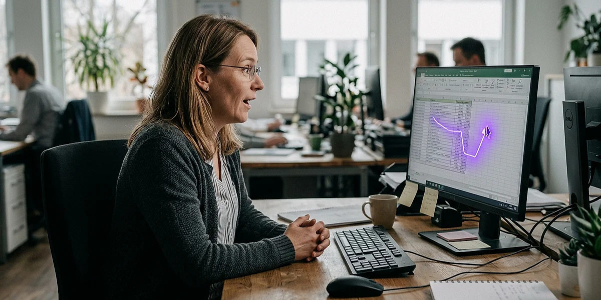 KI bedient eigenständig eine Tabellenkalkulationssoftware auf einem Desktop-Monitor in einem modernen Büro