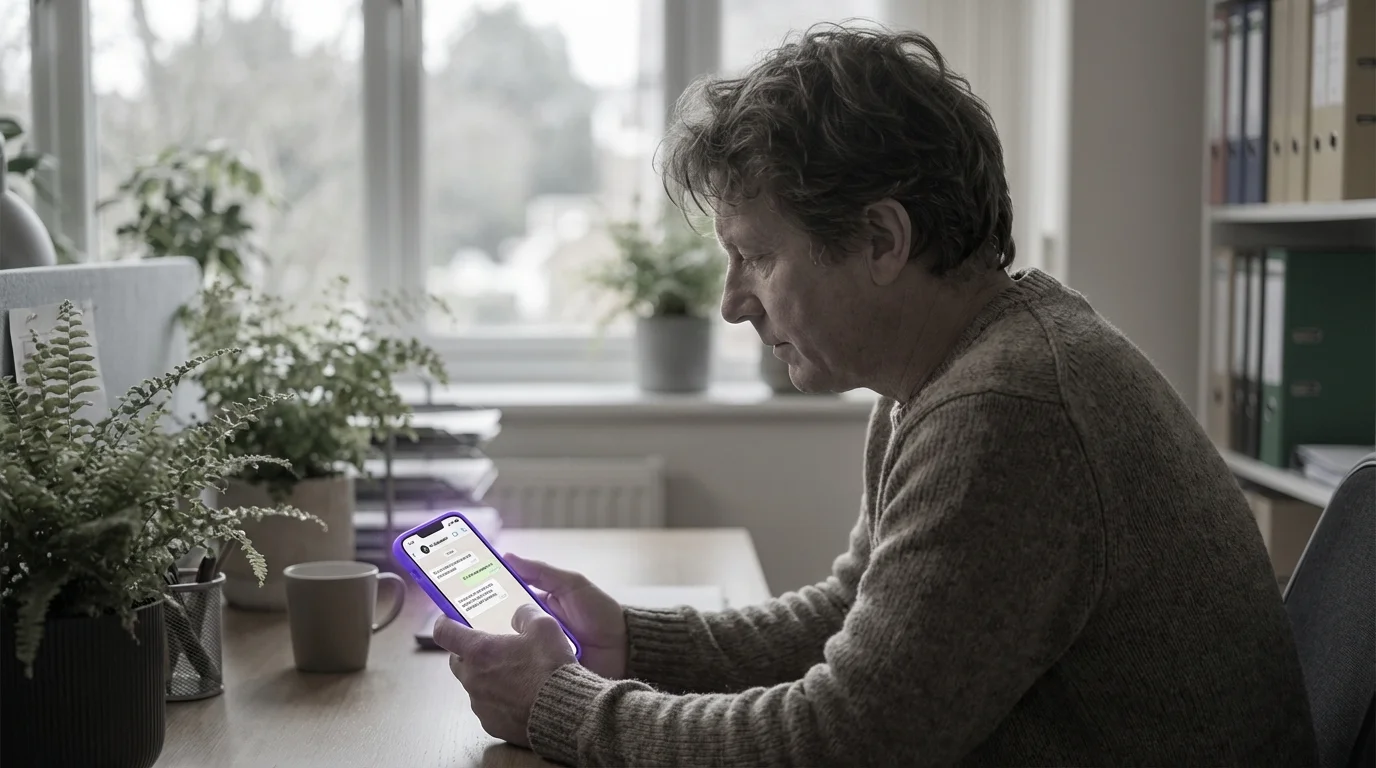 KI-Delegation per WhatsApp: Smartphone steuert KI-Agenten mit leuchtenden Datenströmen in violettem Licht