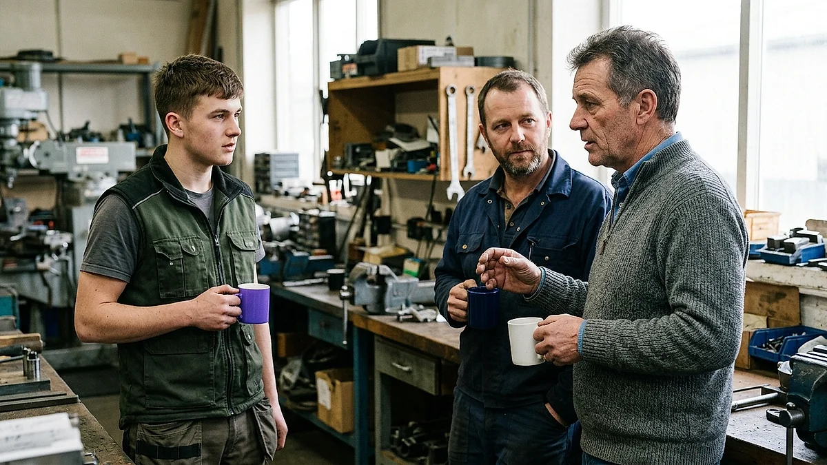 Inhaber, Meister und Auszubildender besprechen sich in der Werkstatt