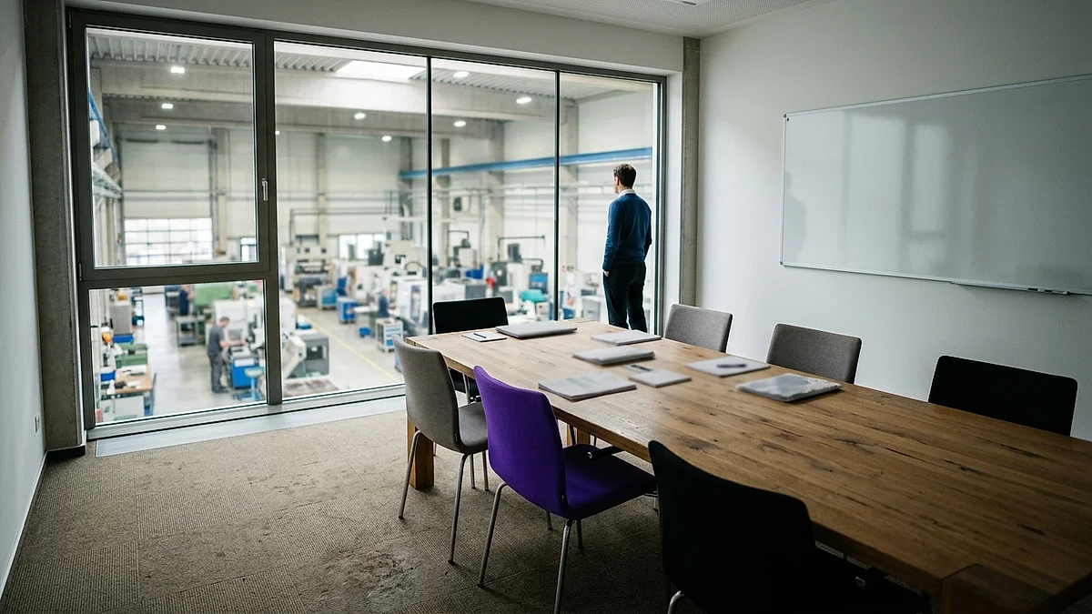 Besprechungsraum mit großem Fenster zur Produktionshalle