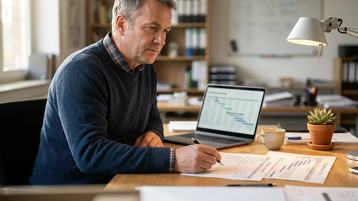 KI-Einführung im Mittelstand: Dashboard mit Automatisierungs-Workflows in einem modernen Büro