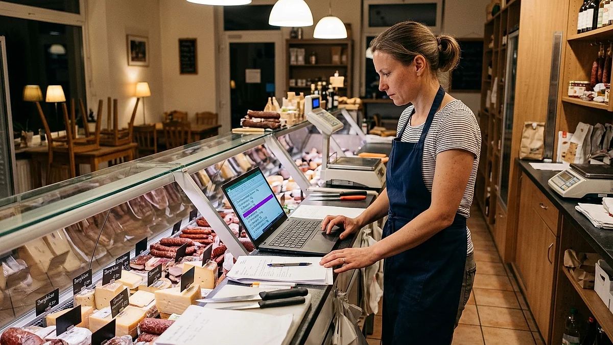 Feinkost-Inhaberin prüft abends die KI-Bestellvorschläge für den nächsten Tag am Laptop