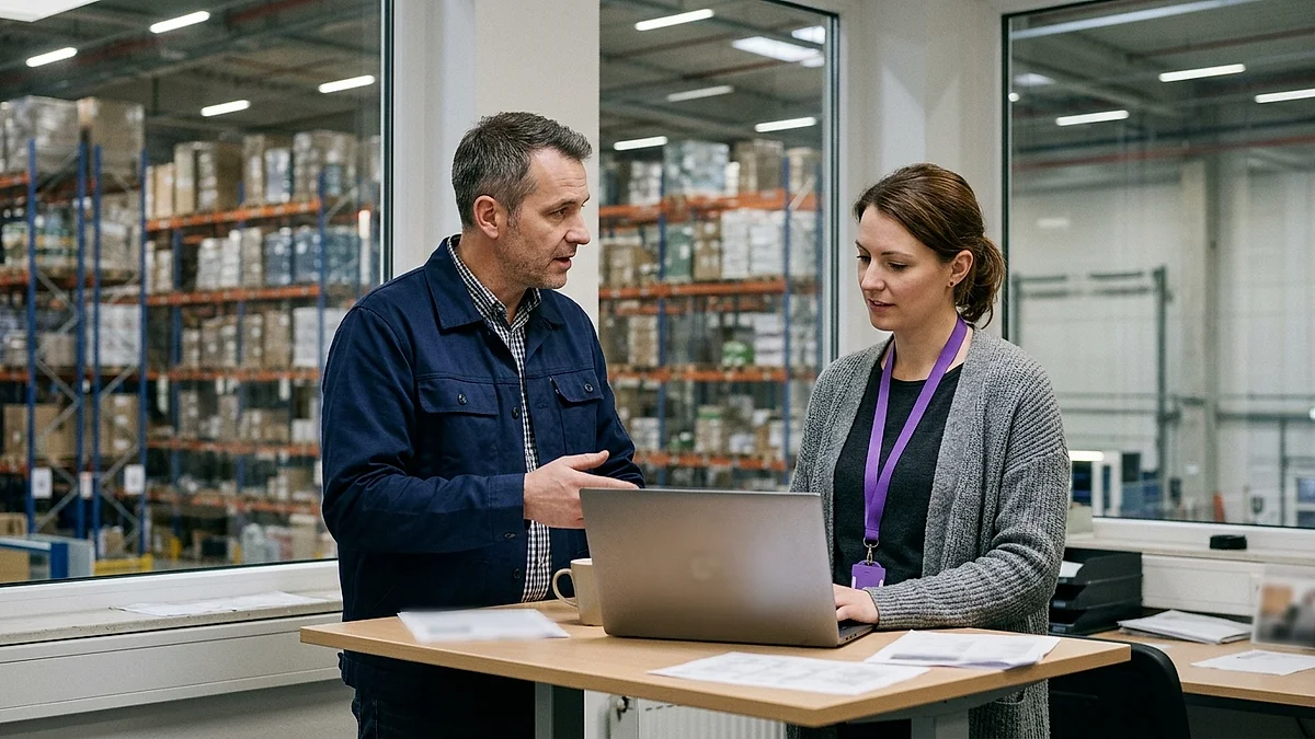 Lagerleiter und IT-Leiterin besprechen sich im Lagerbüro