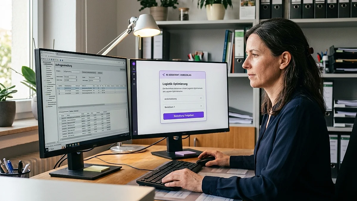Disposition im Mittelstand: Sachbearbeiterin an einem ERP-Bildschirm, KI-Assistent zeigt passende Vorschläge