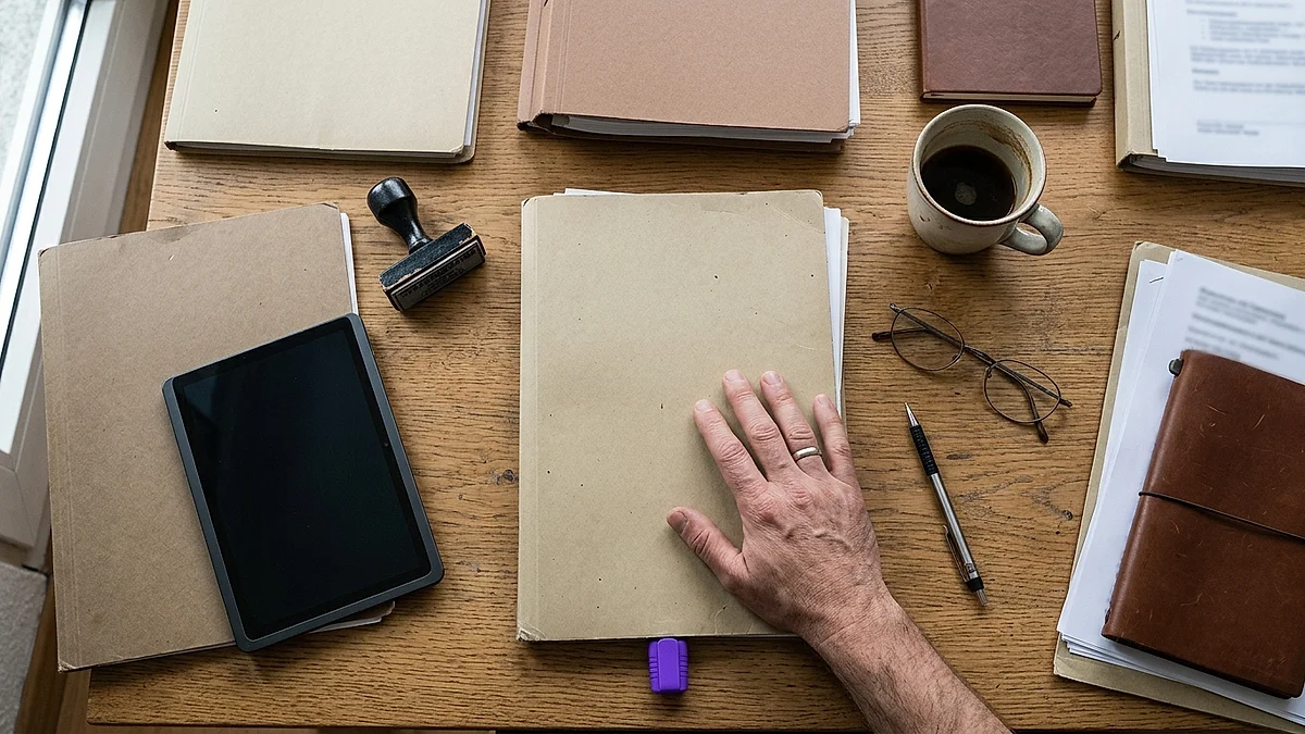 Mandantenordner, Stempel und Lesebrille auf dem Schreibtisch einer Kanzlei von oben