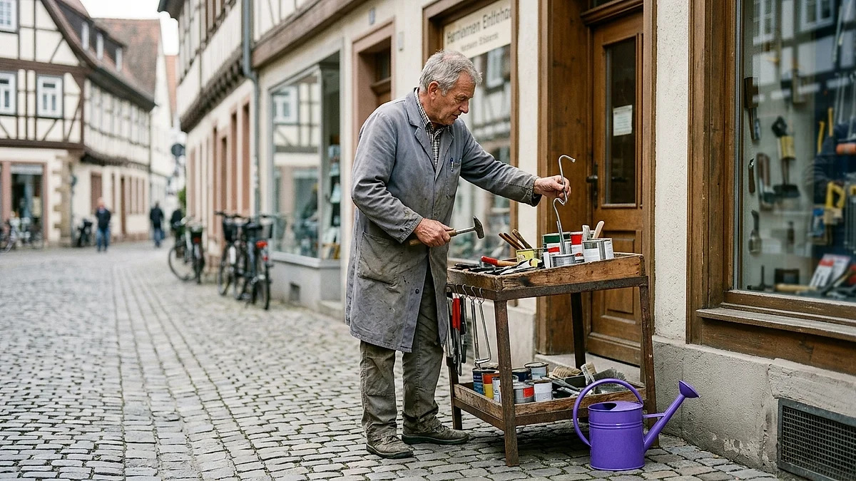 Inhaber eines Eisenwarenladens stellt morgens Ware vor sein Geschäft