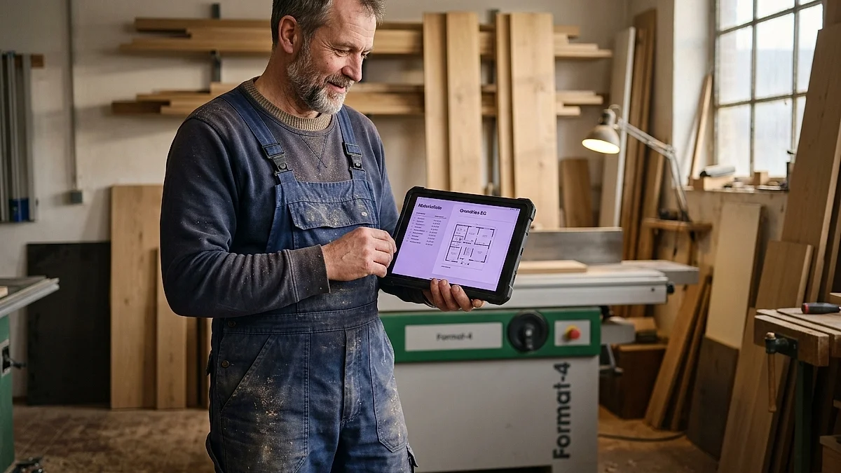 Schreiner in seiner Werkstatt, der auf einem Tablet einen Auftrag ansieht