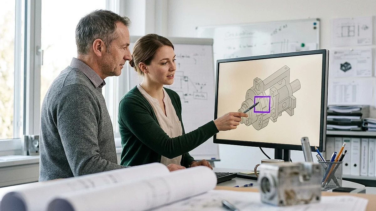 Zwei Ingenieure an einem Konstruktionsarbeitsplatz, auf dem Bildschirm eine technische Zeichnung mit violettem Suchfeld