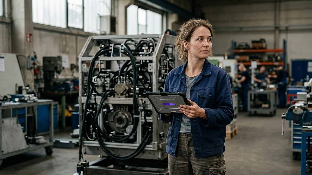 Konstrukteurin steht vor einer Sondermaschine in der Werkhalle und hält ein Tablet mit violettem Fortschrittsbalken