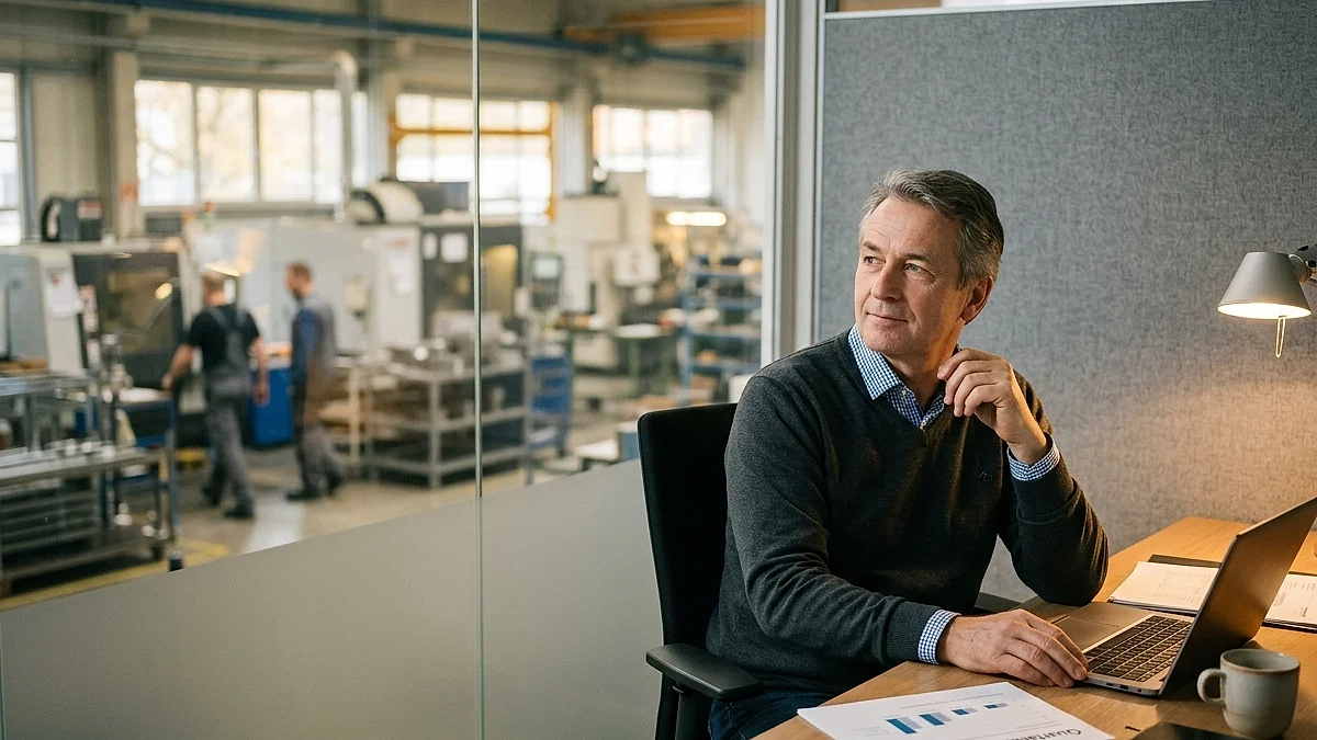 Geschäftsführer analysiert KI-Dashboard in modernem Büro