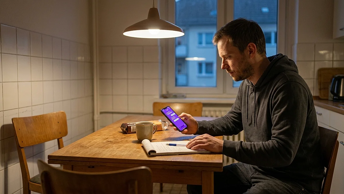 Bewerber sitzt abends am Küchentisch und schreibt eine Bewerbung am Smartphone