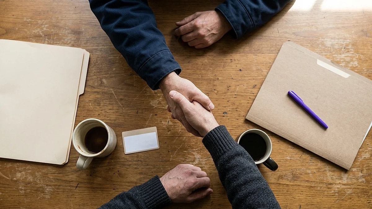 Bewerbungsmappen, Kaffeetassen und Handschlag über einem Tisch von oben