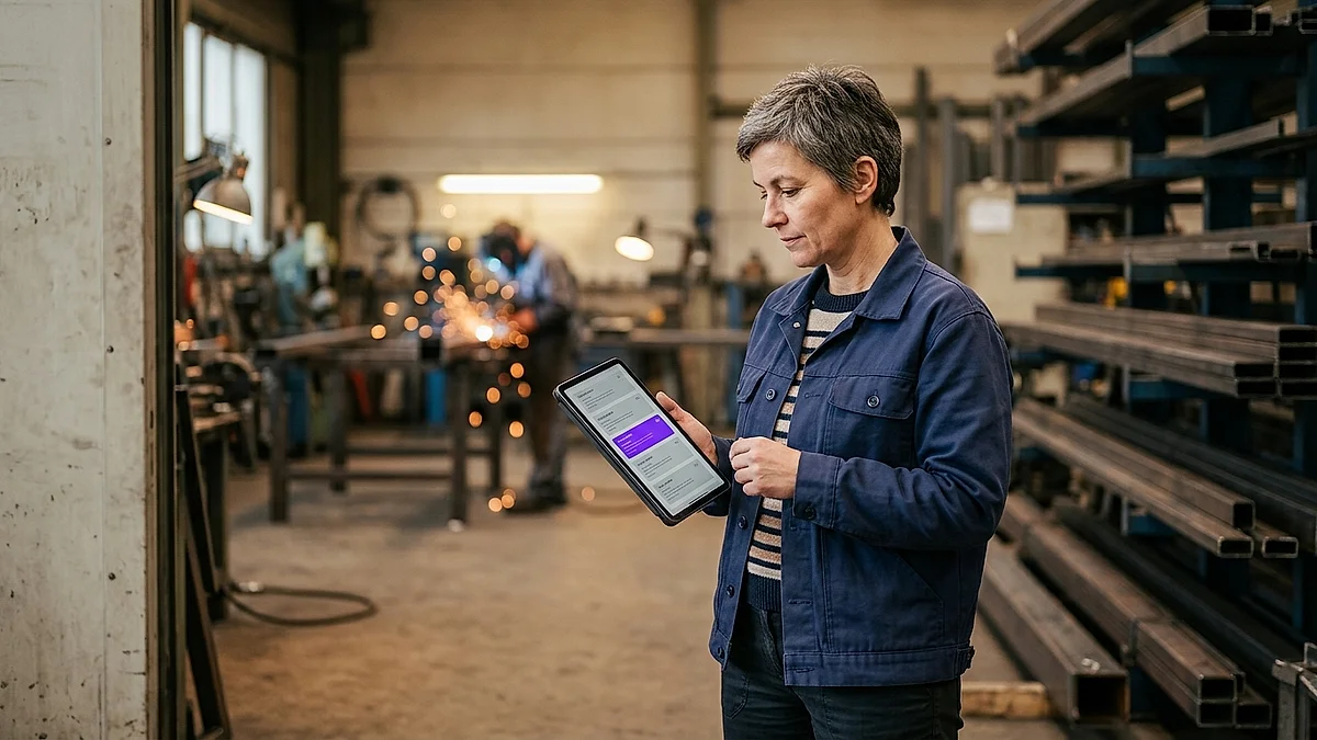 Betriebsleiterin sichtet Bewerbungen auf einem Tablet am Rand einer Werkhalle, KI im Recruiting im Mittelstand