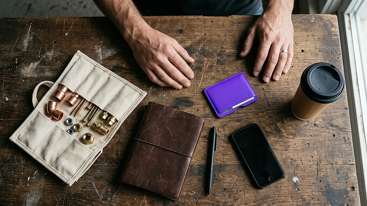 Produktmuster, Notizbuch und Smartphone eines Außendienstlers von oben