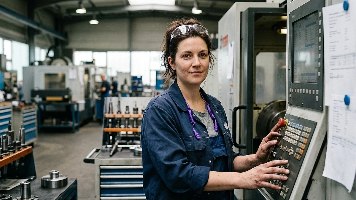 CNC-Fräserin steht neben ihrer Maschine in der Fertigung