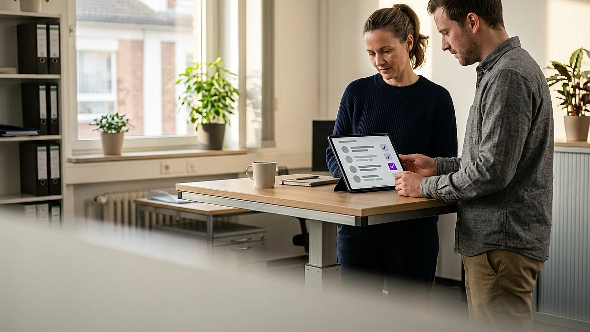 Geschäftsführerin und Mitarbeiter prüfen gemeinsam am Laptop eine Checkliste zur KI-Kennzeichnungspflicht im Büro
