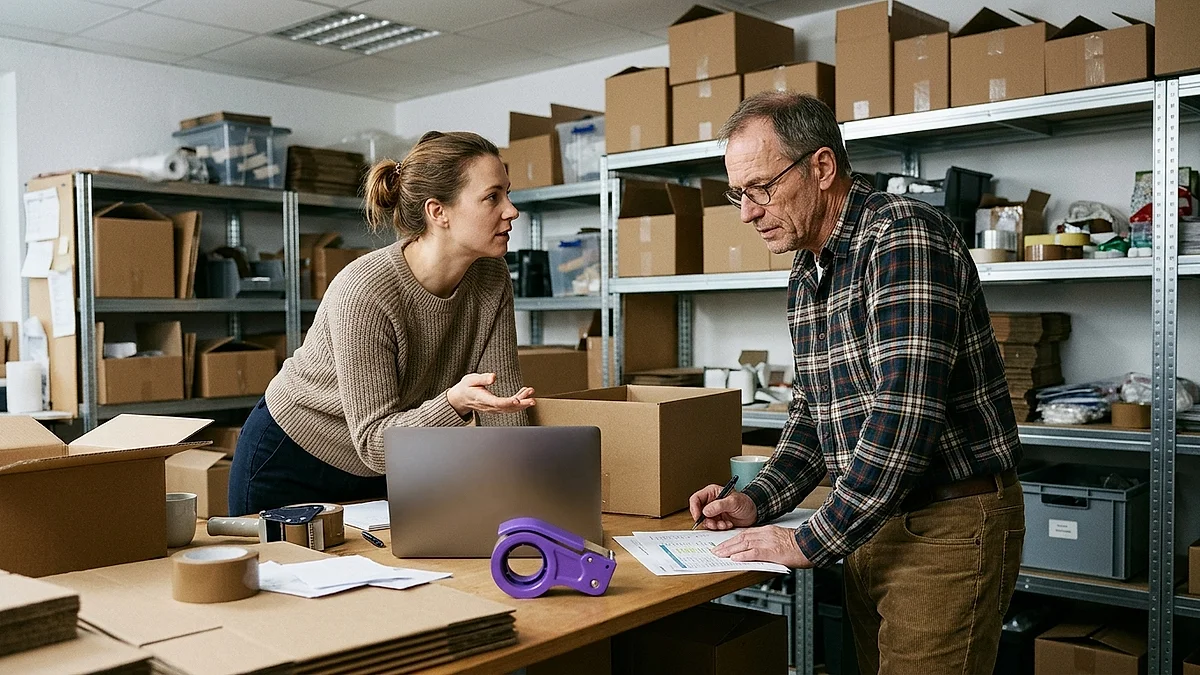 Inhaberin und Kundendienst-Mitarbeiter eines Onlineshops besprechen sich am Packtisch