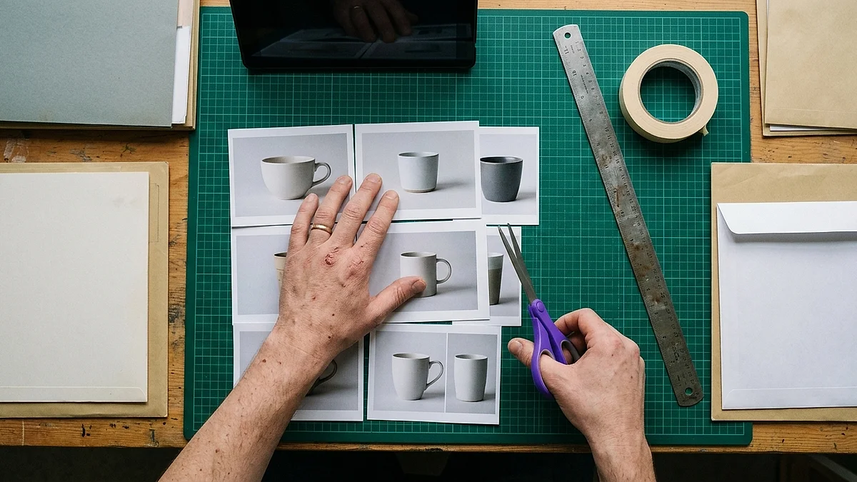 Fotoabzüge, Farbmuster und Kamera auf einem Tisch von oben