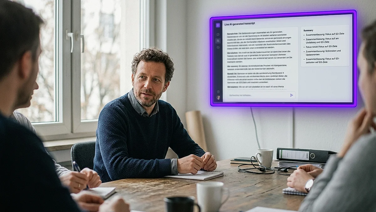 Team im Besprechungsraum, im Hintergrund ein Bildschirm mit KI-Protokoll des Meetings, KI-Meeting-Protokoll im Mittelstand