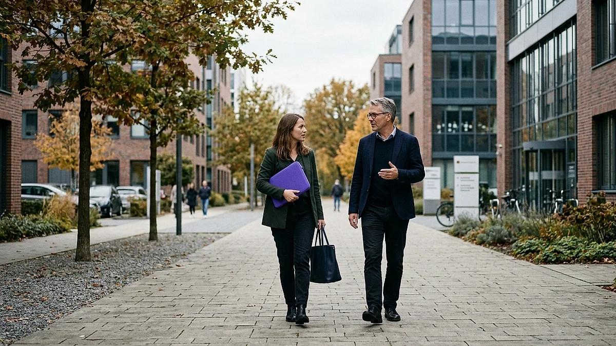 Zwei Kollegen gehen im Gespräch über einen Technologiepark