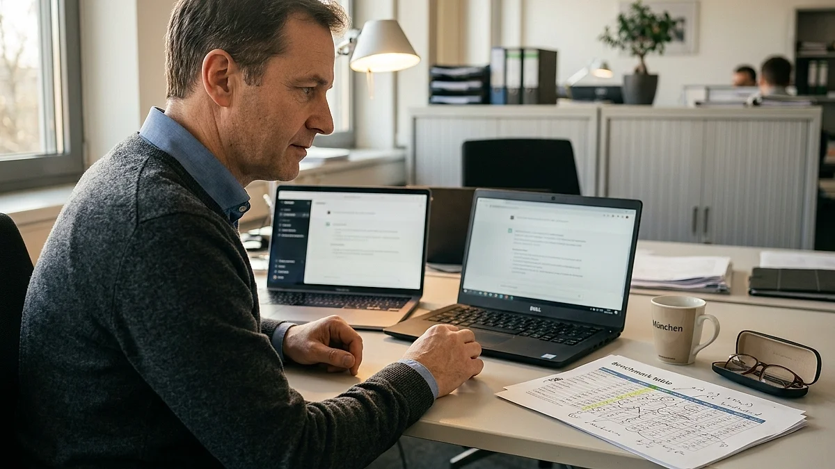 KI-Modell-Vergleich für Wissensarbeit: Holografische Dashboards mit Benchmark-Daten in einem dunklen Kontrollraum
