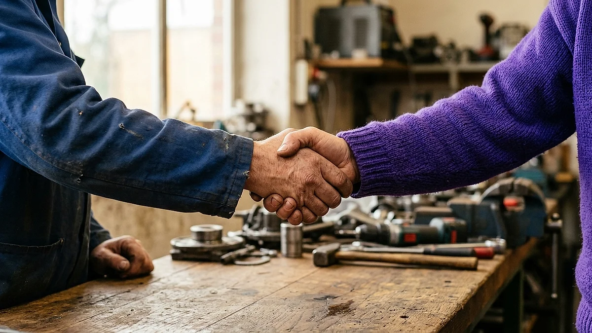 Handschlag über einer Werkbank in einer Werkstatt