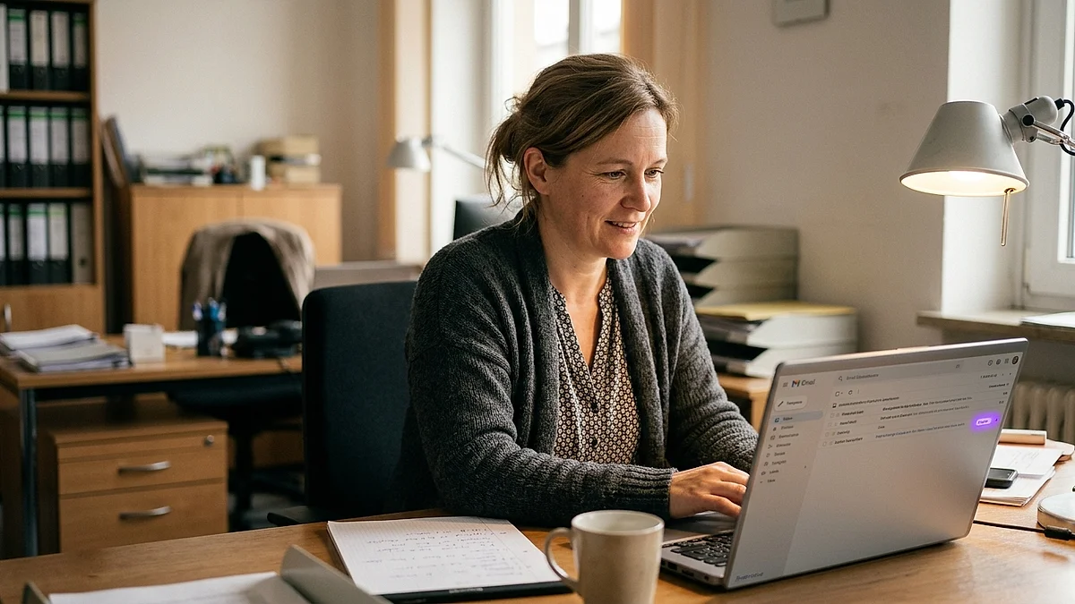 Büroangestellte im Mittelstand sortiert E-Mails automatisch mit einem KI-Postfach am Laptop