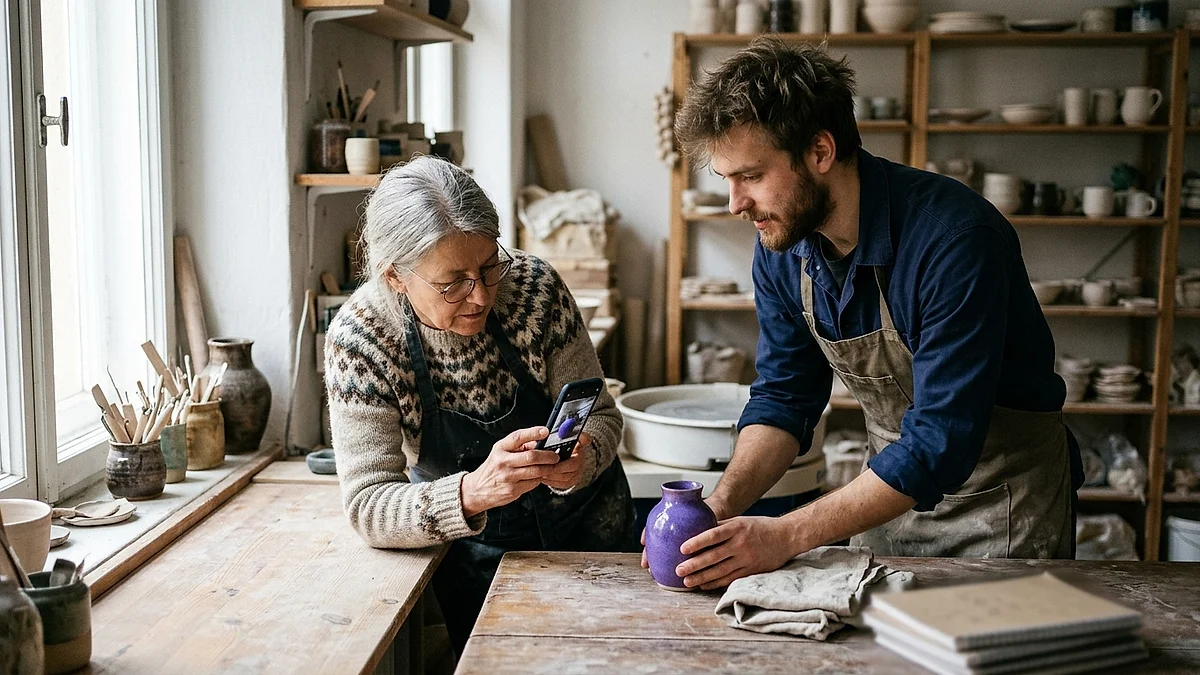 Inhaberin eines Keramikladens und junger Mitarbeiter fotografieren eine Vase