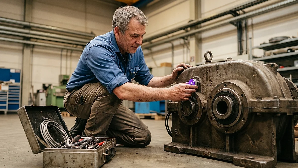 Instandhalter bringt einen Condition-Monitoring-Sensor an einem Industriegetriebe an