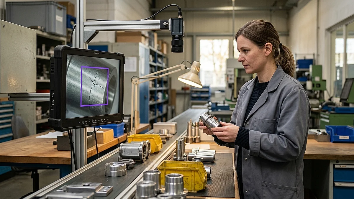 Qualitätsprüferin vergleicht ein Metallteil mit der KI-Fehlererkennung auf dem Monitor am Förderband