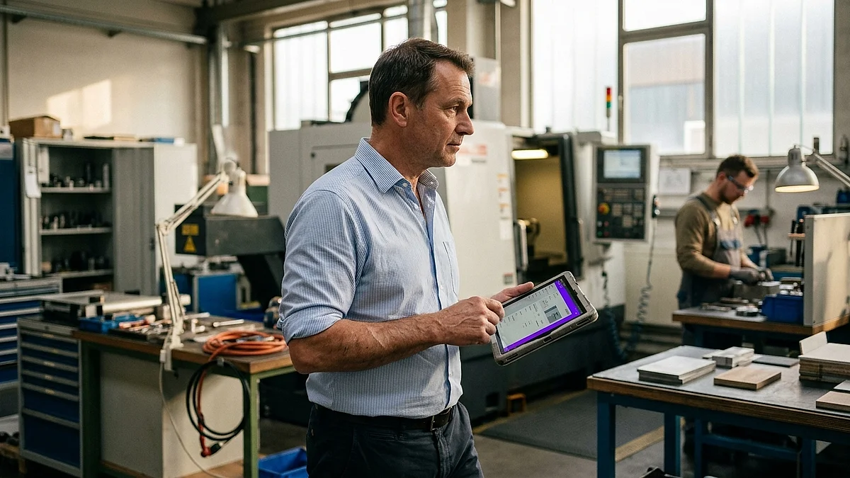 Geschäftsführer begeht mit einem Tablet seine Produktion und bewertet die KI-Readiness