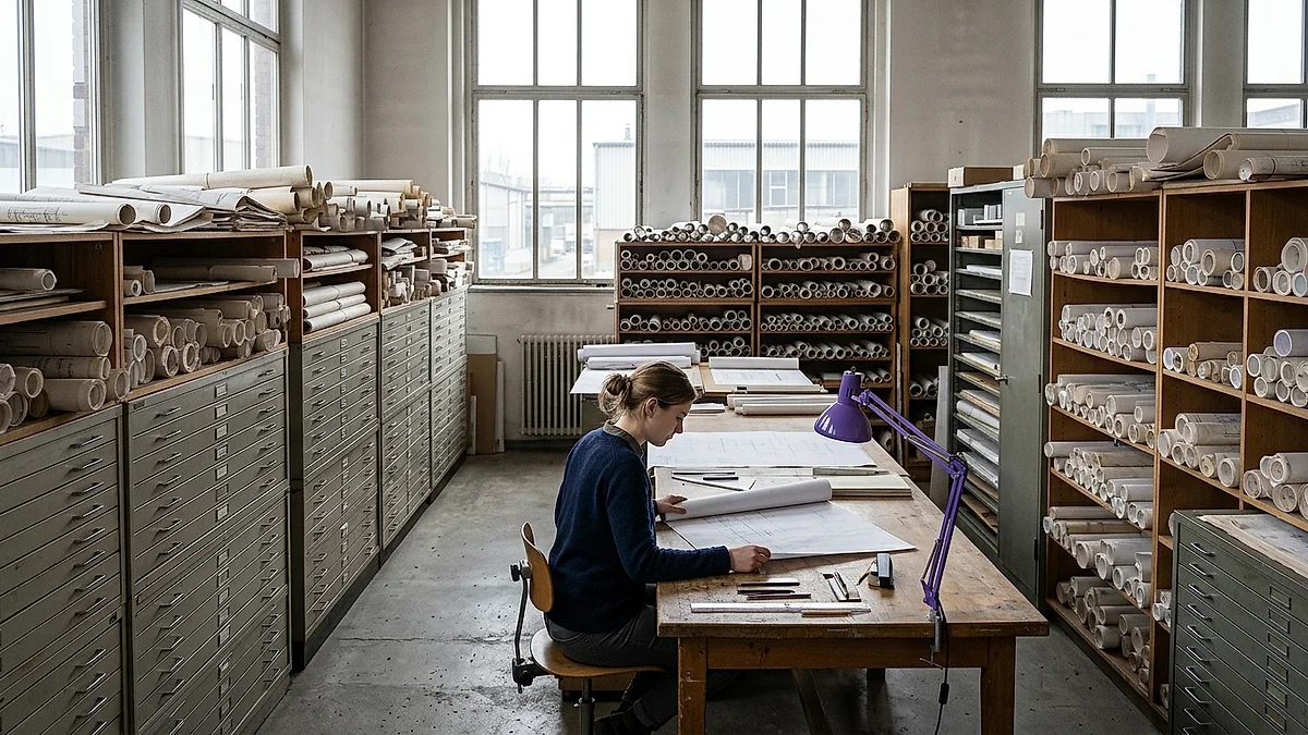 Planarchiv eines Ingenieurbüros mit großem Arbeitstisch