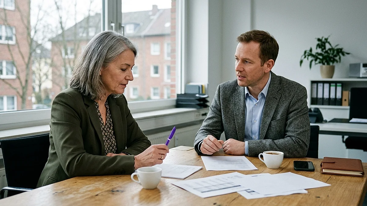 Controllerin und Geschäftsführer im Gespräch am Besprechungstisch