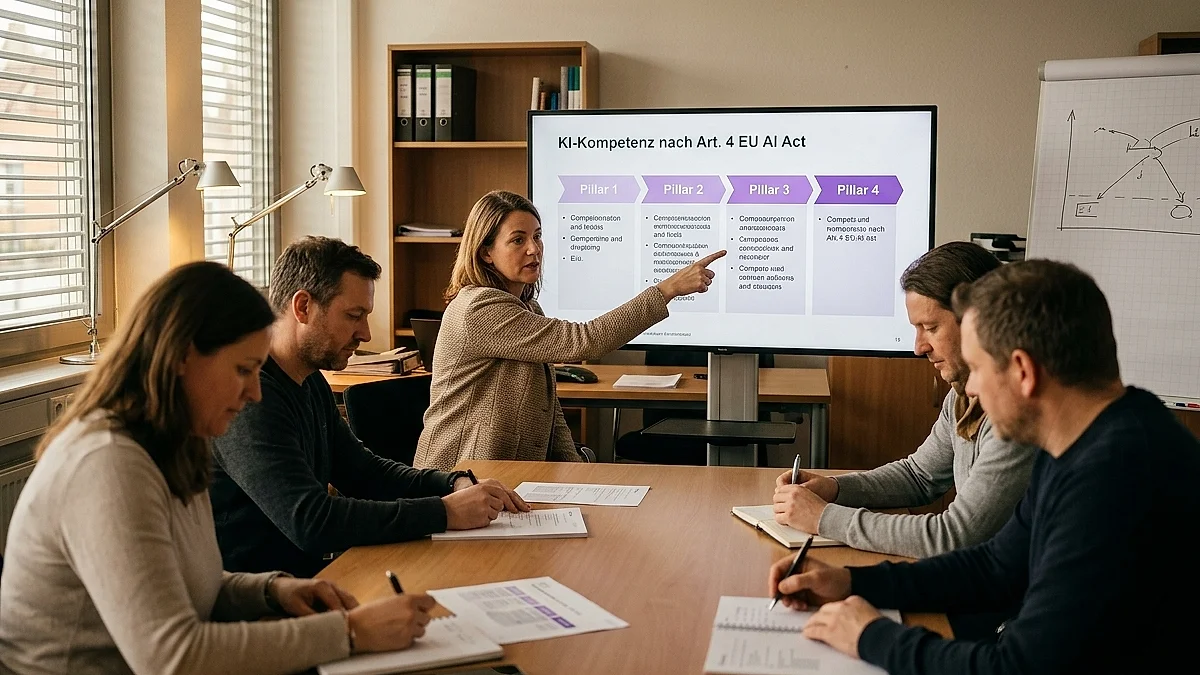 Mittelständler bei einer KI-Schulung mit Bildschirm und Trainings-Folien in modernem Schulungsraum