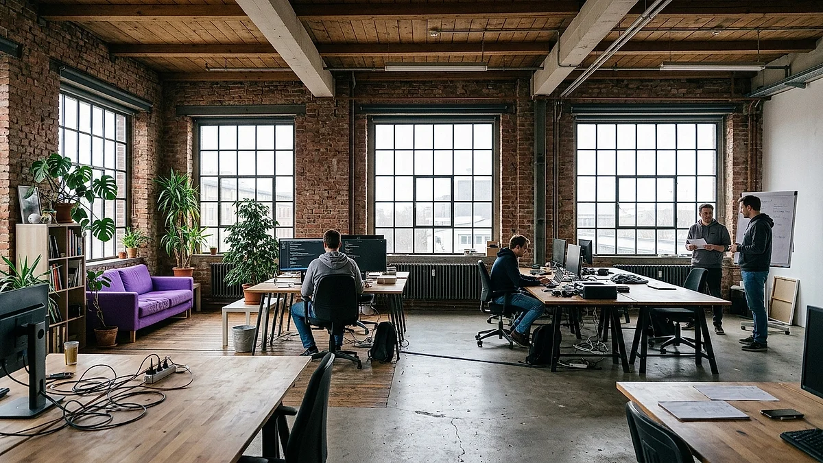 Büro eines kleinen Softwareteams in einem alten Fabrikloft